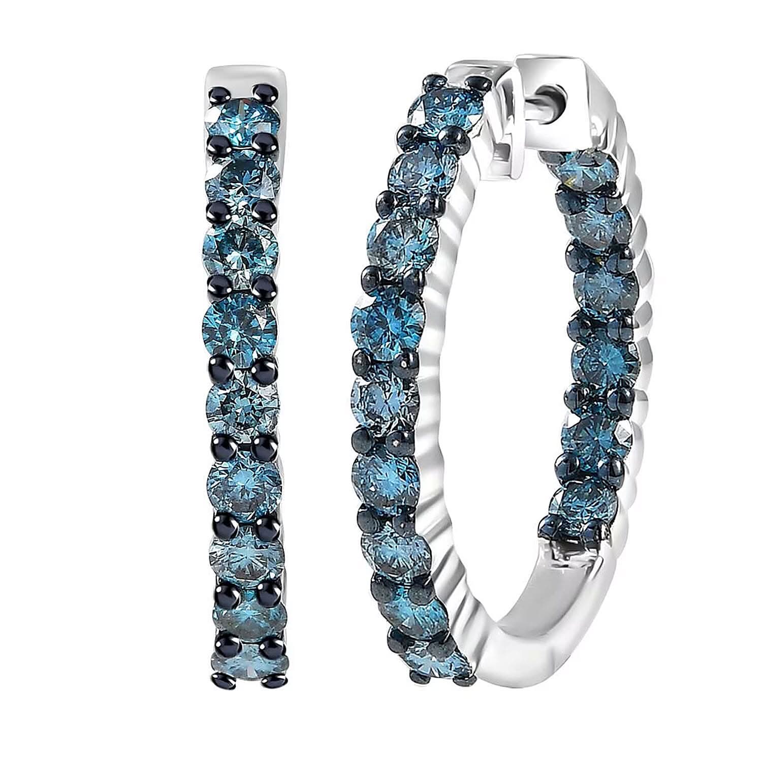 Luxuriant Lab Grown Blue Diamond (IR) SI 2.00 ctw Starry Night Hoop Earrings in Rhodium Over Sterling Silver