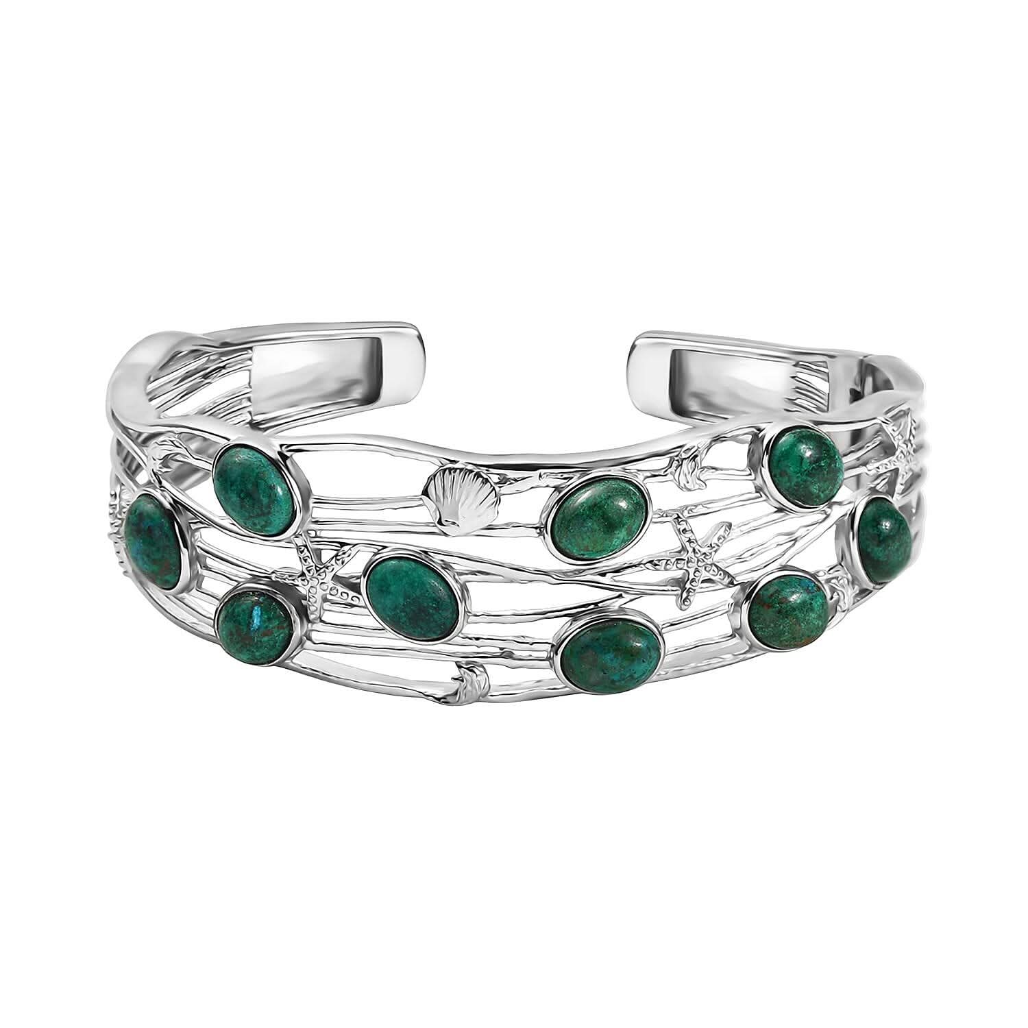EverTrue Chrysocolla Sea Life Cuff Bracelet 14.70 ctw in Platinum Bond (7.25 In)