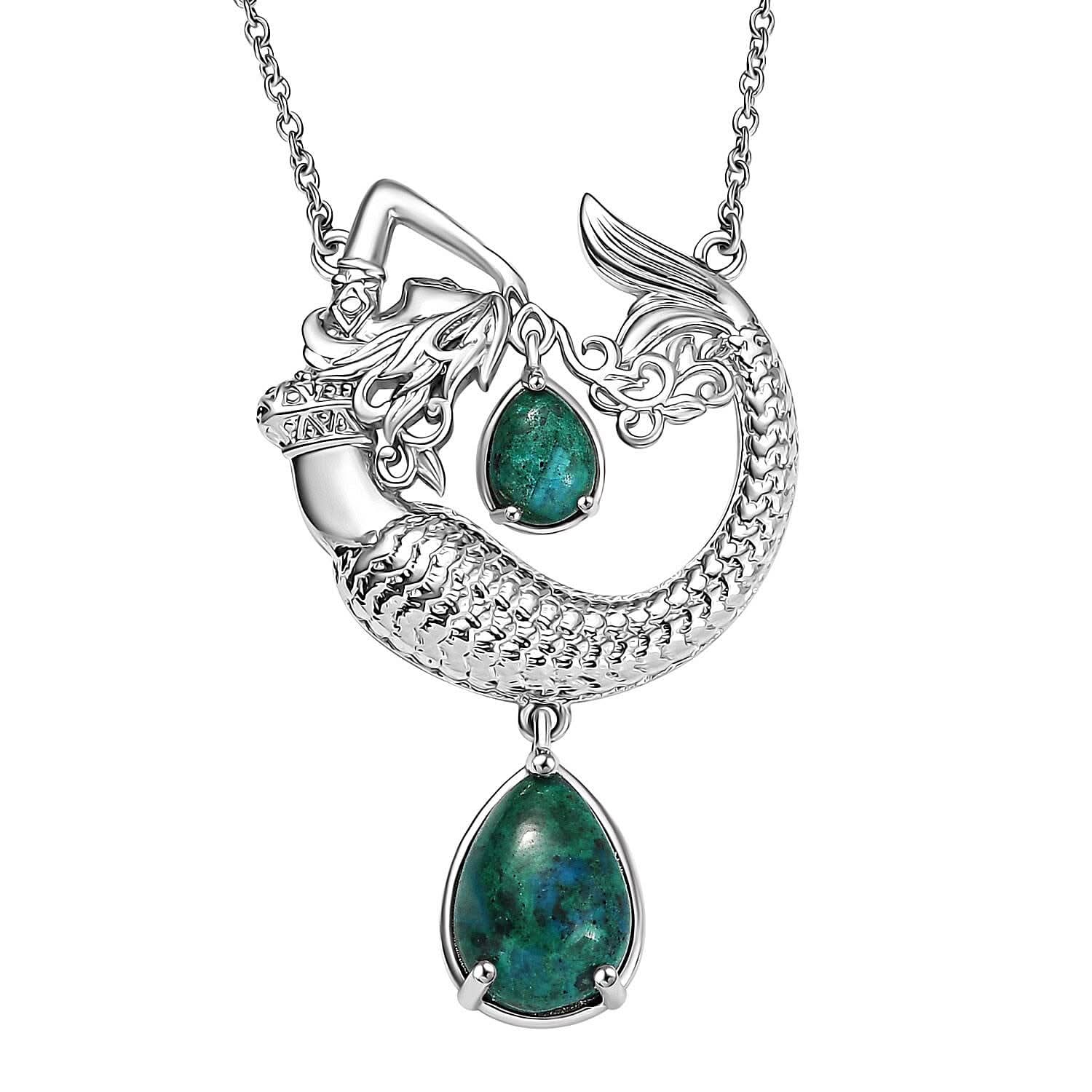 EverTrue Chrysocolla 8.50 ctw Mermaid’s Melody Necklace in Platinum Bond and Stainless Steel 18 Inches
