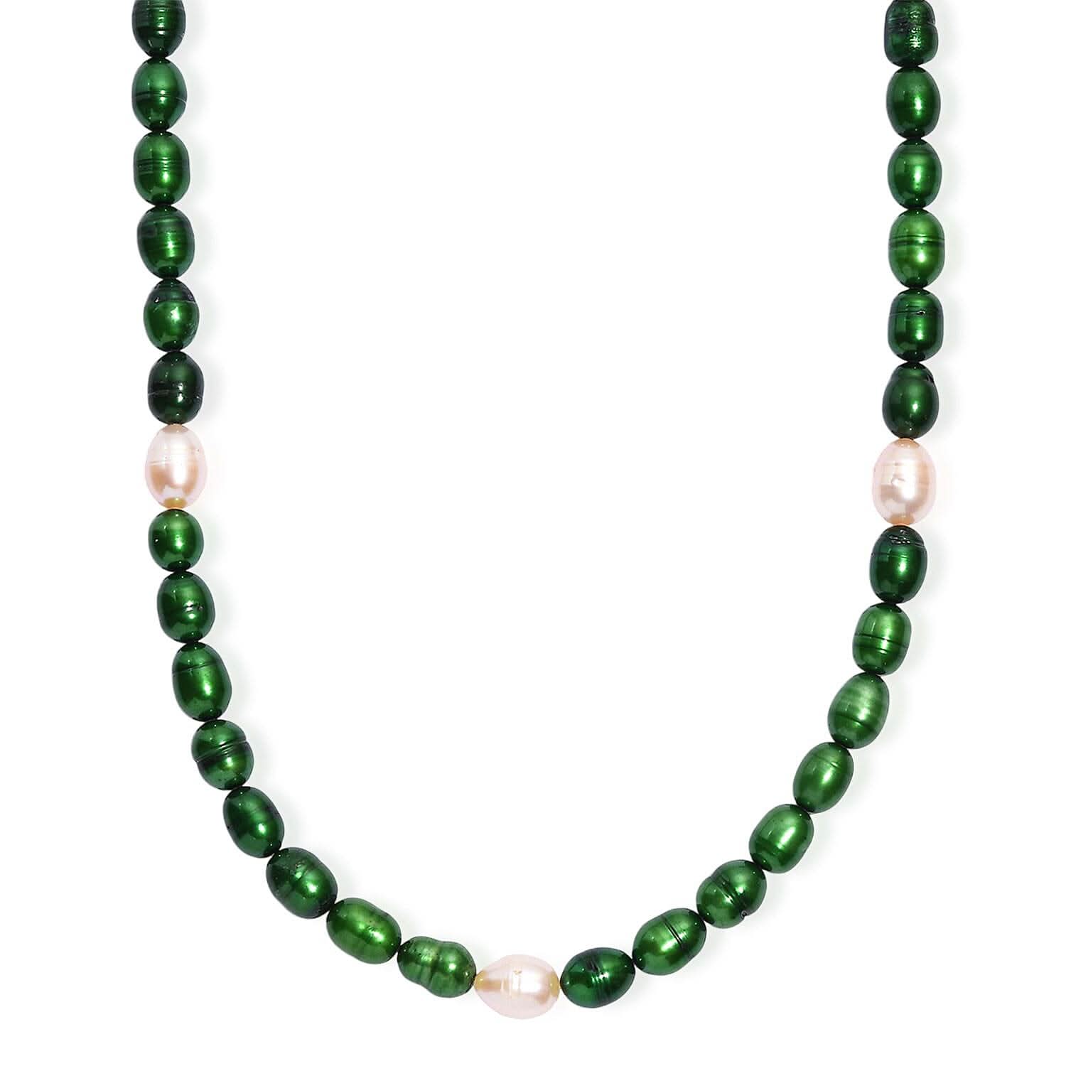 Green Pearl (D) and Freshwater Pearl Necklace in Rhodium Over Sterling Silver 20 Inches