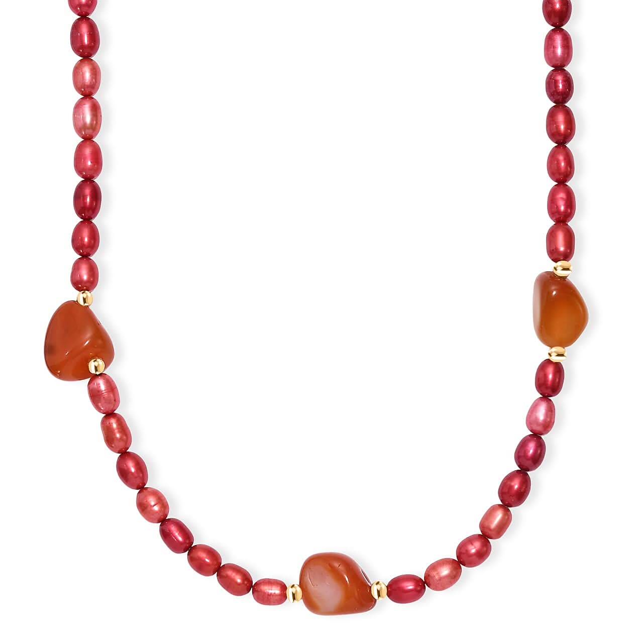 Carnelian 150.00 ctw and Pink Freshwater Pearl (D) Necklace in Stainless Steel 24 Inches