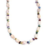 Multi Color Freshwater Pearl and Multi Gemstone 10.00 ctw Necklace in Rhodium Over Sterling Silver 18 Inches
