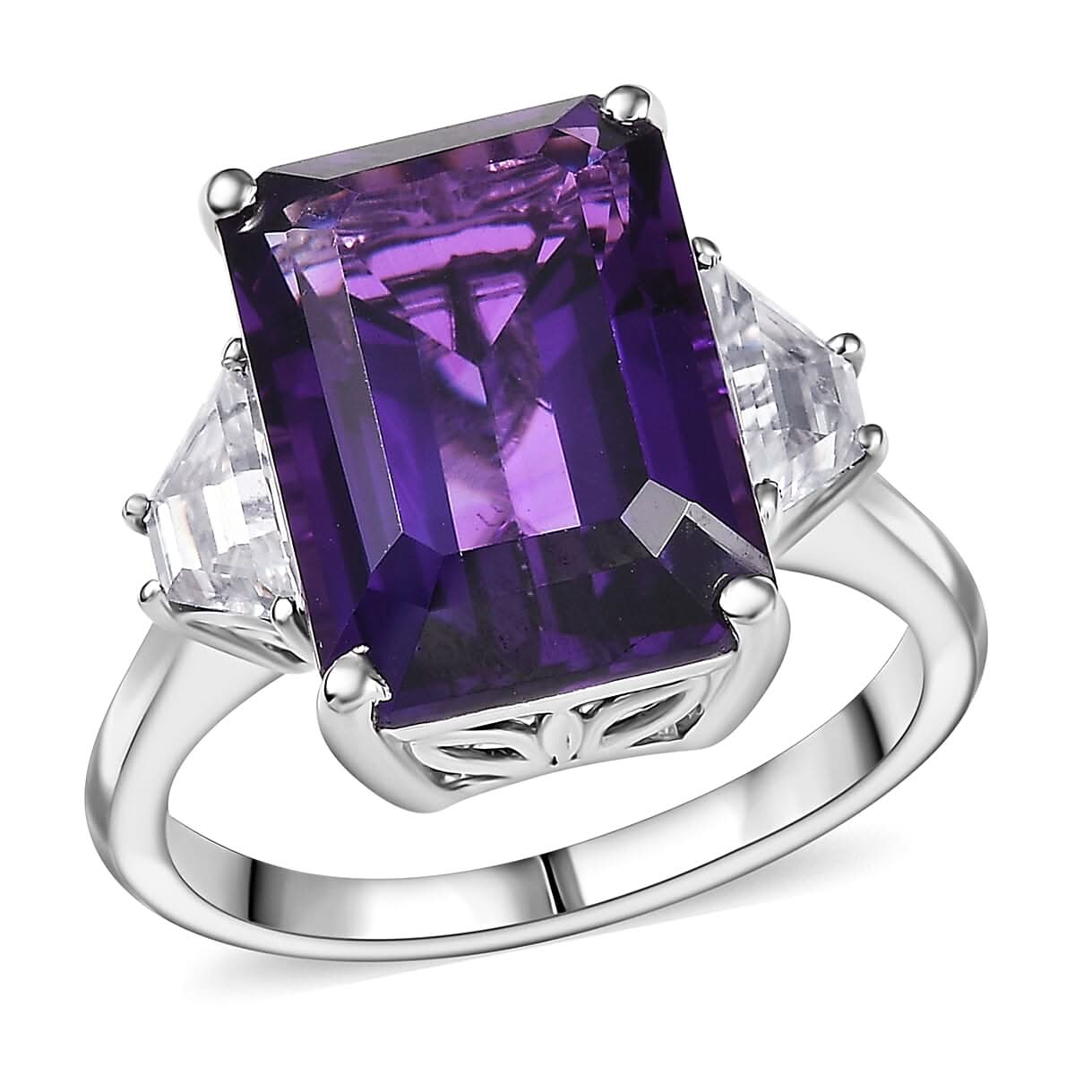 D'Joy Lusaka Amethyst and Moissanite 8.15 ctw Ring in Rhodium Over Sterling Silver (Size 10.0)