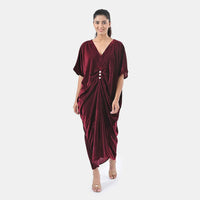TAMSY Merlot Stretch Velvet Drape Kaftan Dress with Front Button Detail- One Size Fits Most