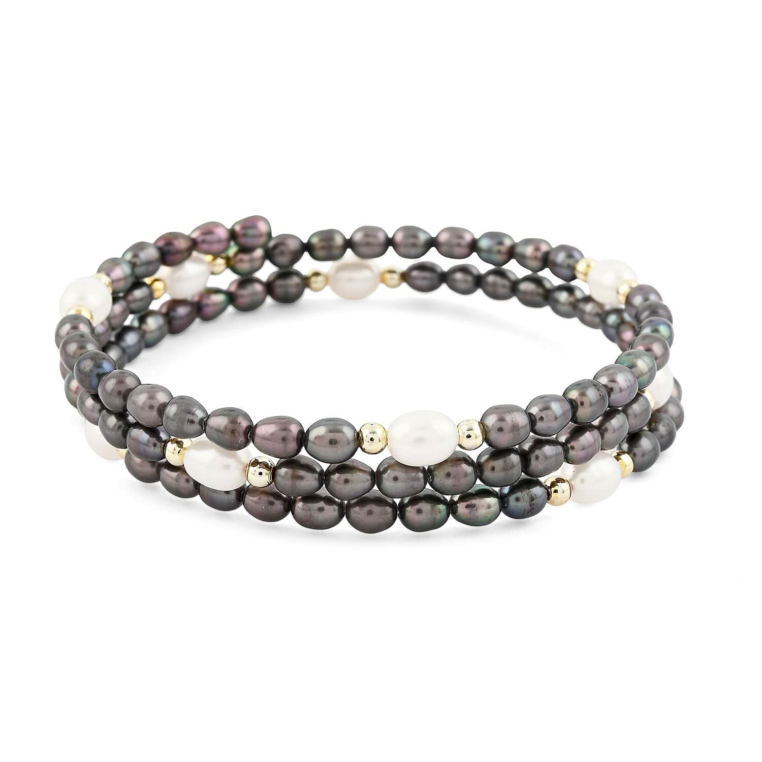Black & White Freshwater Pearl (D) Memory Wire Bracelet (7 In)