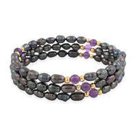Black Freshwater Pearls with Purple Quartz 7.00 ctw Beads Memory Wire Bracelet (7 In)