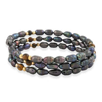 Black Freshwater Pearls with Tiger Eye 7.00 ctw Beads Memory Wire Bracelet (7 In)