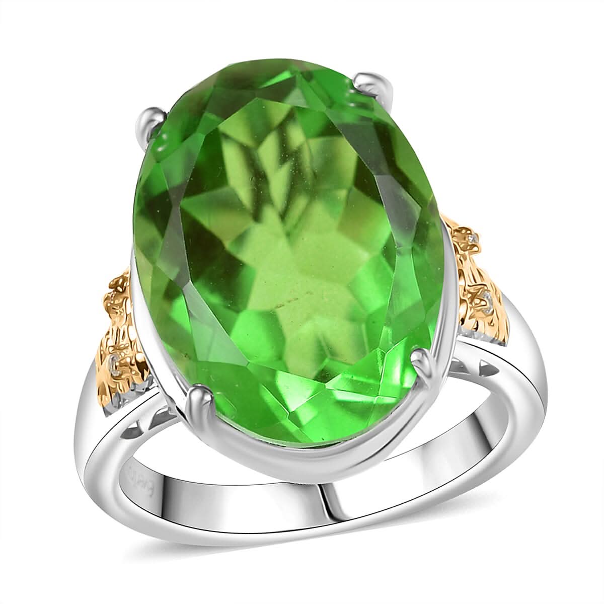 Ever True Chartreuse Quartz (Triplet) 12.75 ctw and White Zircon Floral Ring in 18K YG Plated and Platinum Bond (Size 10.0) (Del. in 10-12 Days)