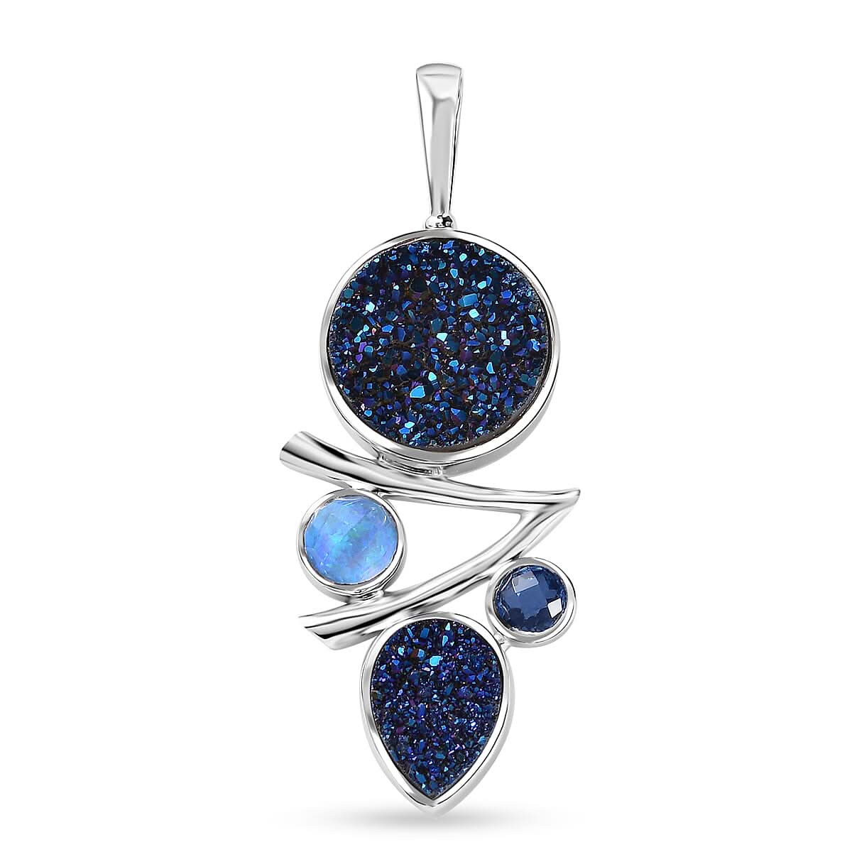 Sajen Silver Flat Blue Sapphire Drusy Quartz and Multi Gemstone 6.90 ctw Pendant without Chain in Rhodium Over Sterling Silver