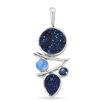 Sajen Silver Flat Blue Sapphire Drusy Quartz and Multi Gemstone 6.90 ctw Pendant without Chain in Rhodium Over Sterling Silver