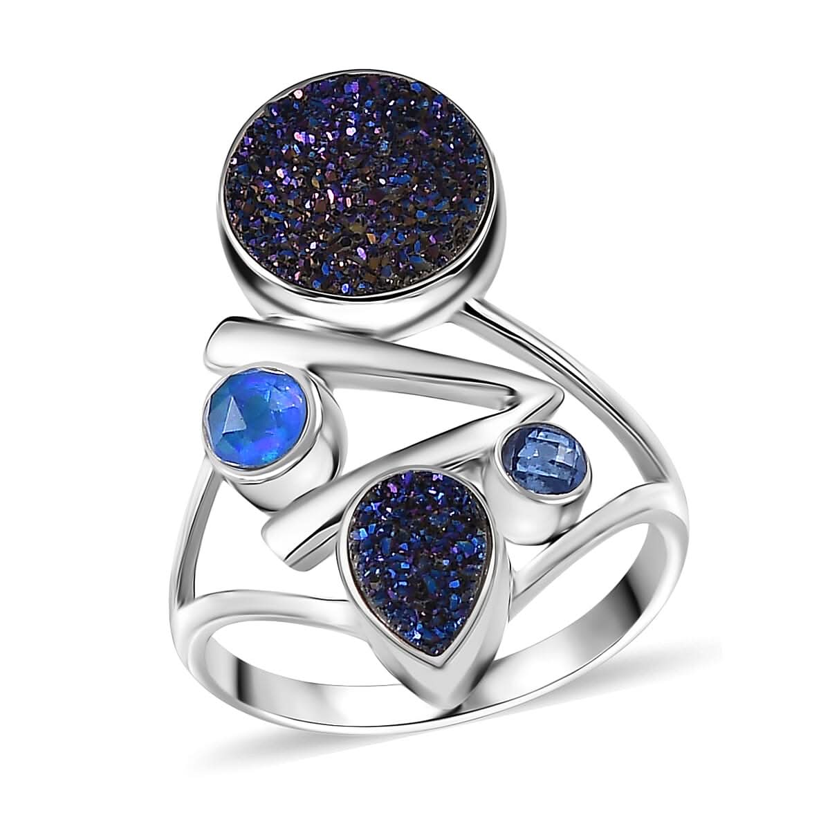 Epic Deal Sajen Silver Flat Blue Sapphire Drusy Quartz, Multi Gemstone Ring in Rhodium Over Sterling Silver (Size 10.0) 3.75 ctw