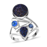 Epic Deal Sajen Silver Flat Blue Sapphire Drusy Quartz, Multi Gemstone Ring in Rhodium Over Sterling Silver (Size 10.0) 3.75 ctw
