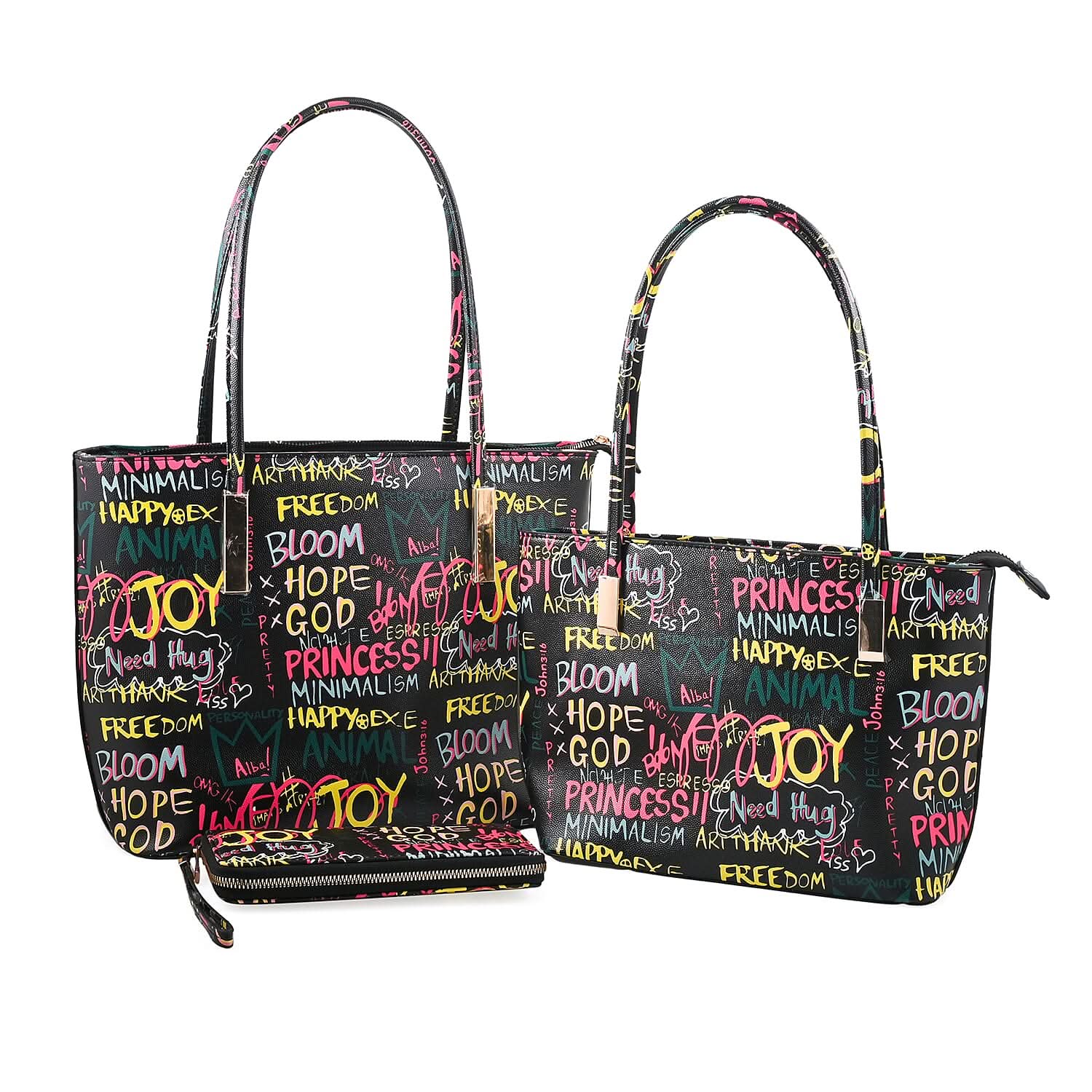 Chunma 3pc Black Graffiti Art Vegan Leather Tote, Shoulder Bag and Wallet