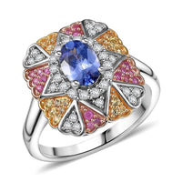 D'Joy Tanzanite, Multi Gemstone Ring in 18K Vermeil YRG and Rhodium Over Sterling Silver (Size 10.0) 1.40 ctw