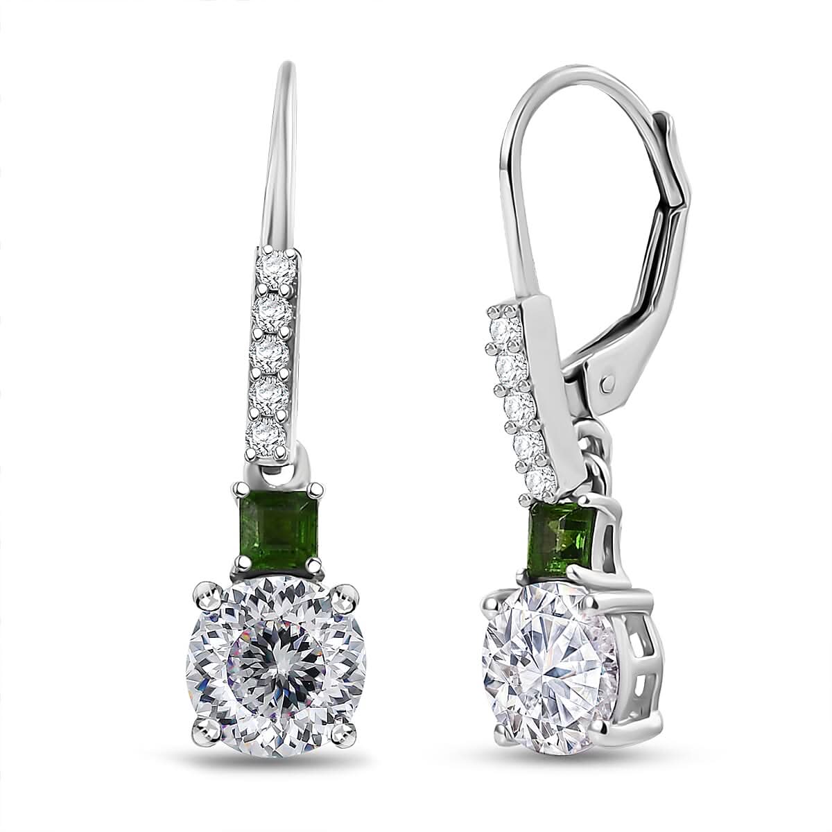 D’Joy 120 Facet Moissanite and Chrome Diopside 3.10 ctw Lever Back Earrings in Rhodium Over Sterling Silver