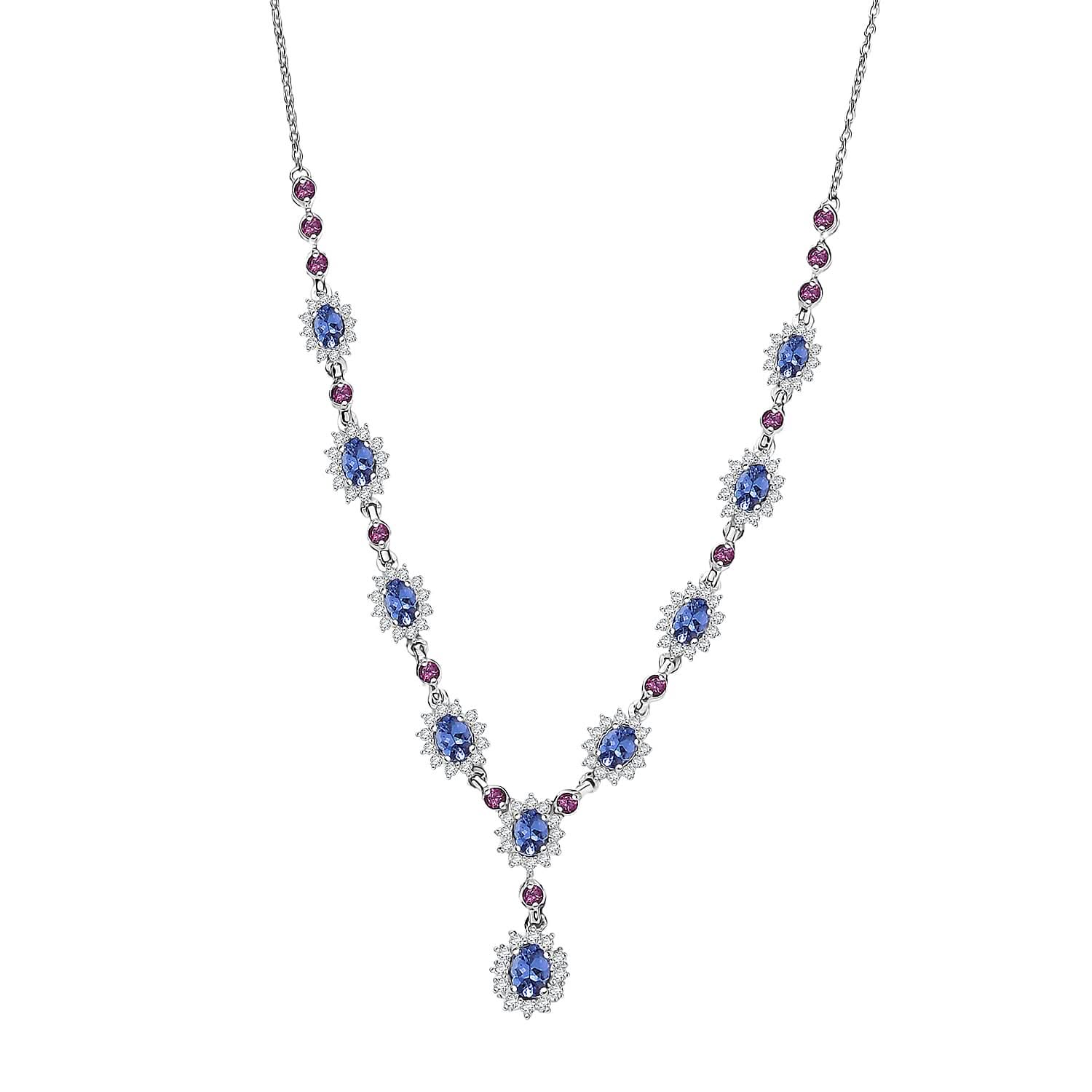 D'Joy Tanzanite and Multi Gemstone 5.25 ctw Starburst Halo Necklace 18 Inches in Rhodium Over Sterling Silver