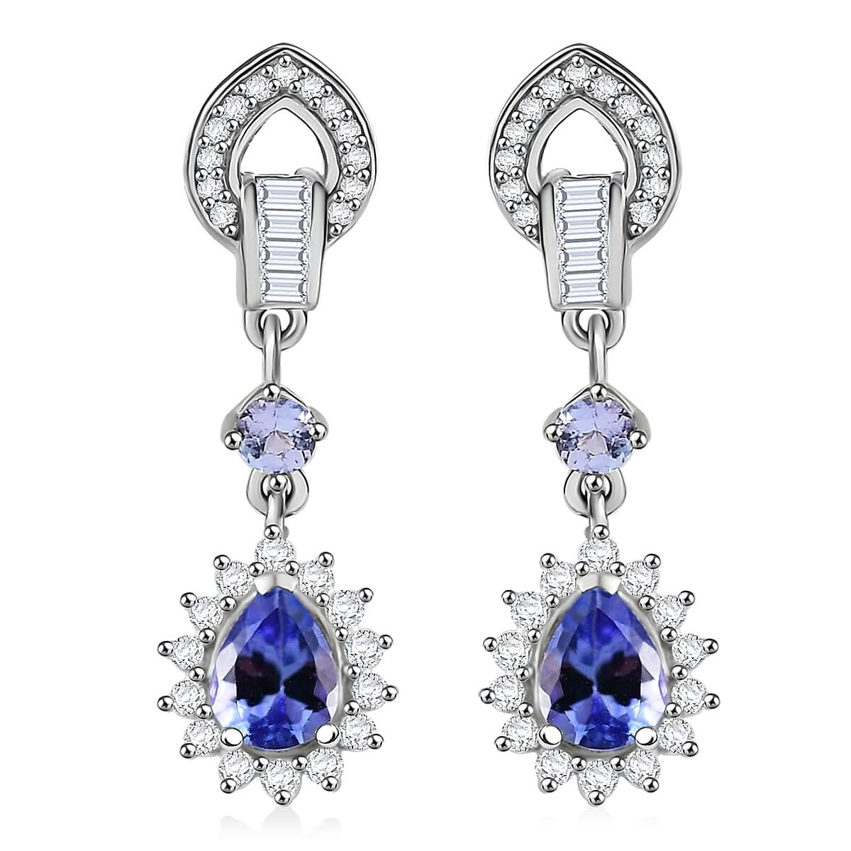 D'Joy Tanzanite and White Zircon 1.50 ctw Starburst Halo Earrings in Rhodium Over Sterling Silver