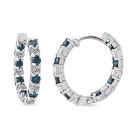 Luxuriant Lab Grown Blue Diamond (IR) and Lab Grown White Diamond SI 1.85 ctw Midnight Ice Hoop Earrings in Rhodium Over Sterling Silver