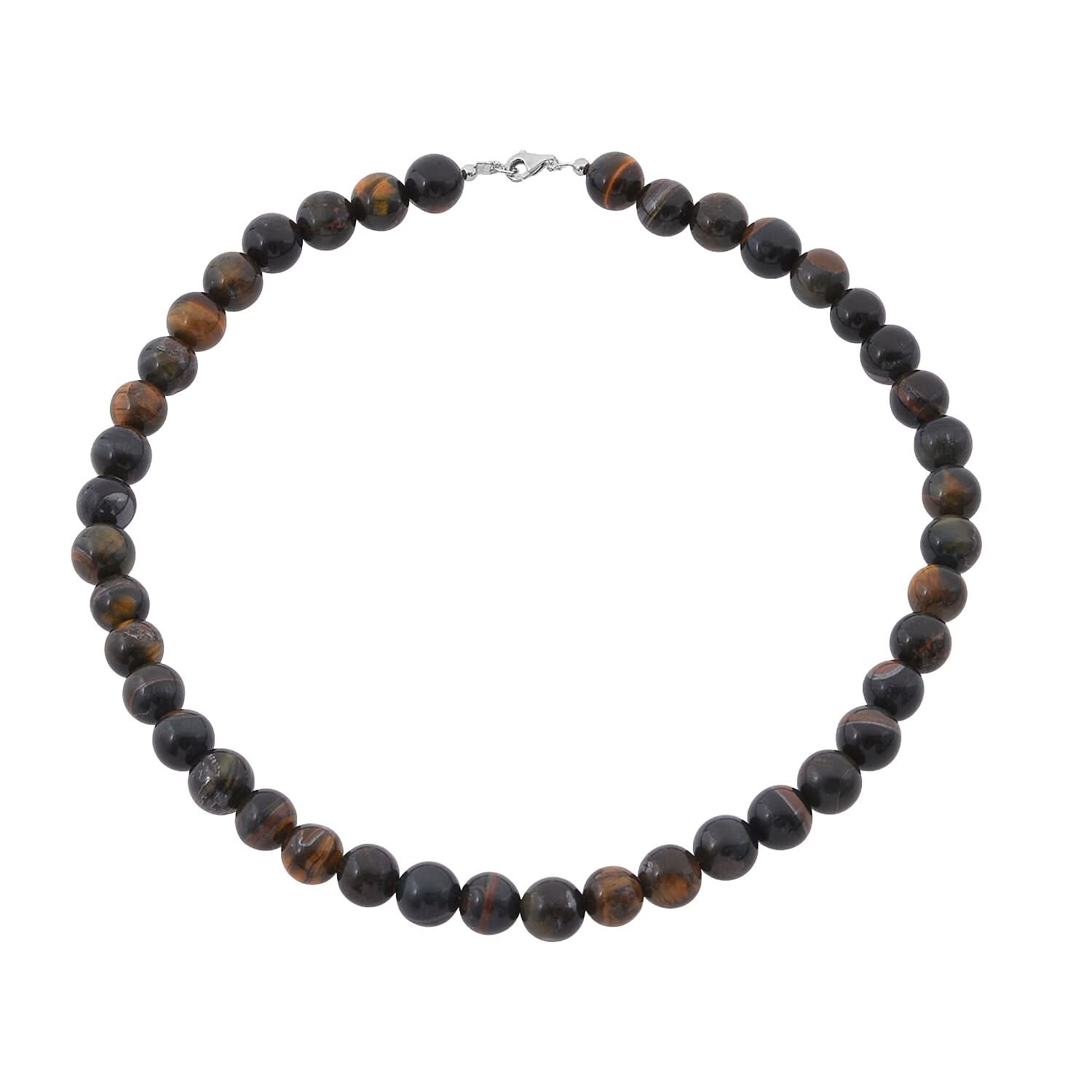 Golden Blue Tigers Eye Beaded 340.85 ctw Necklace 18 Inches in Sterling Silver