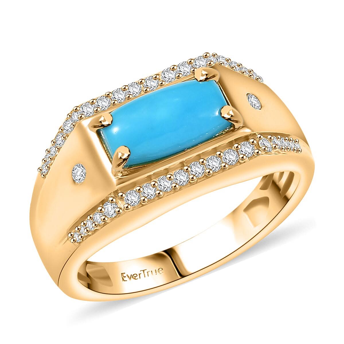 EverTrue Sleeping Beauty Turquoise, White Zircon Men's Ring in 18K YG Plated (Size 10.0) 1.90 ctw