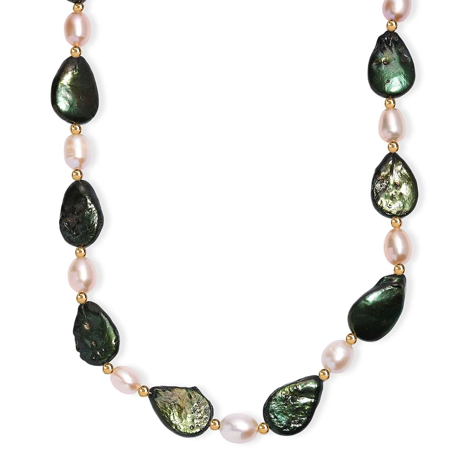 Green Pearl (D) and Freshwater Pearl Necklace in ION Plated YG Stainless Steel 18 Inches