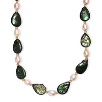 Green Pearl (D) and Freshwater Pearl Necklace in ION Plated YG Stainless Steel 18 Inches