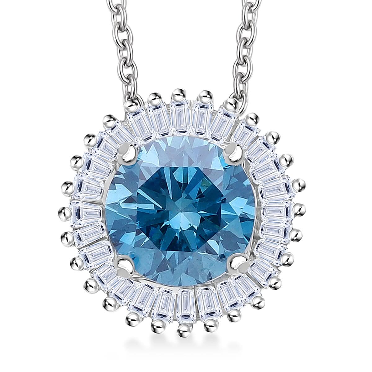 Luxuriant Lab Grown Blue and White Diamond SI 1.00 ctw Halo Majesty Pendant in Rhodium Over Sterling Silver