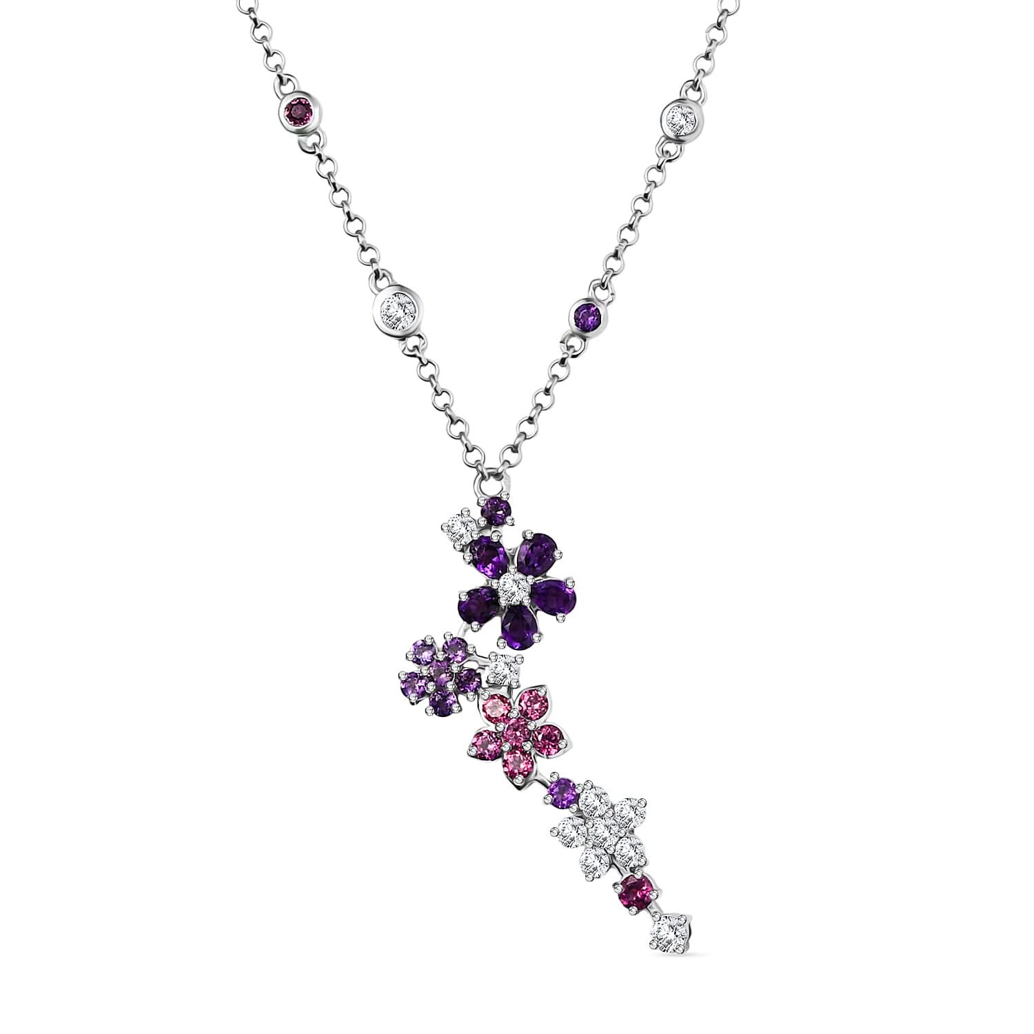 GP Italian Garden Collection Multi Gemstone 3.30 ctw Flower Necklace in Rhodium Over Sterling Silver 18 Inches