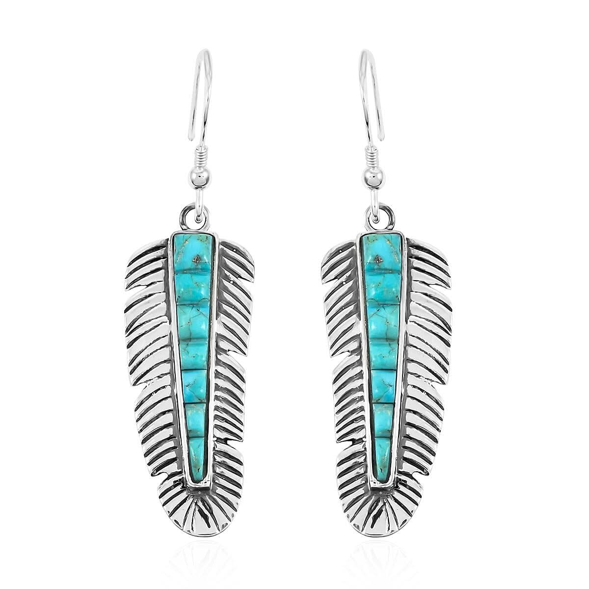 Santa Fe Style Kingman Turquoise Feather Earrings in Sterling Silver 2.50 ctw