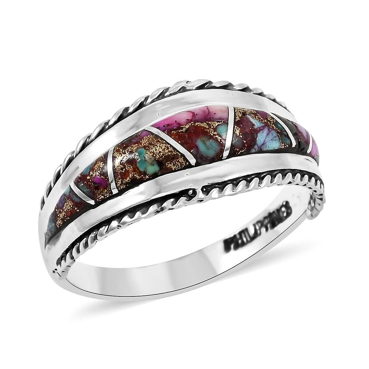 Santa Fe Style Rainbow Multi Gemstone Ring in Sterling Silver (Size 10.0) 2.75 ctw