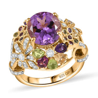 GP AAA Rose De France Amethyst and Multi Gemstone 12.00 ctw Ring in 18K Vermeil Yellow Gold Over Sterling Silver (Size 10.0)