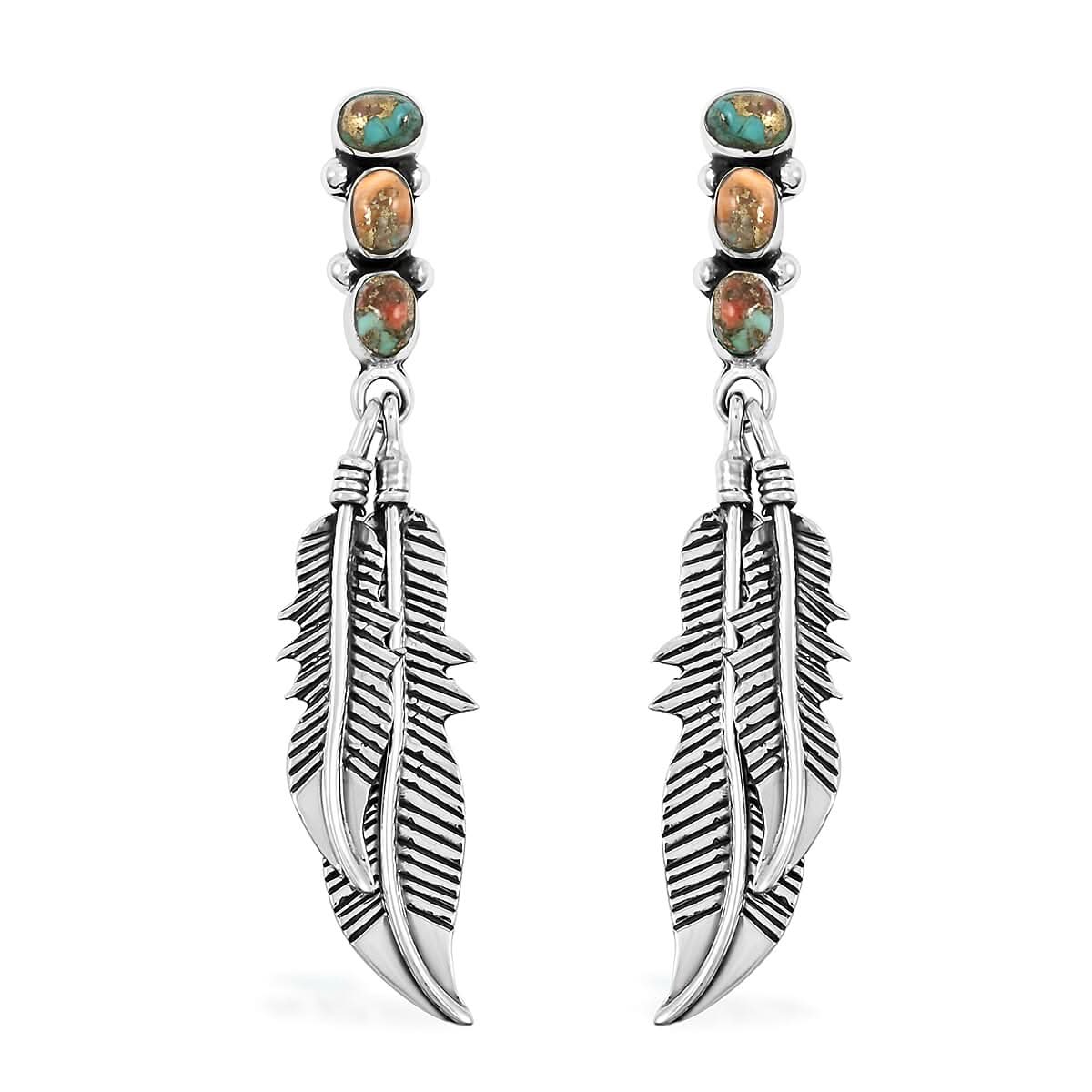 Santa Fe Style Spiny Turquoise Feather Earrings in Sterling Silver 1.75 ctw