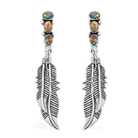 Santa Fe Style Spiny Turquoise Feather Earrings in Sterling Silver 1.75 ctw