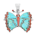 Santa Fe Style Enhanced Red Coral, Kingman Turquoise Butterfly Pendant in Sterling Silver 24.00 ctw - Sticky add to cart bar