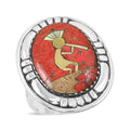 Santa Fe Style Enhanced Red Coral, Multi Gemstone Kokopelli Ring in Sterling Silver (Size 10.0) 8.00 ctw - Sticky add to cart bar