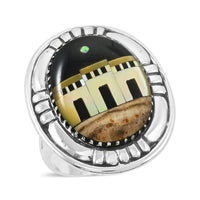 Santa Fe Style Black Onyx, Multi Gemstone Pueblo Ring in Sterling Silver (Size 10.0) 23.00 ctw