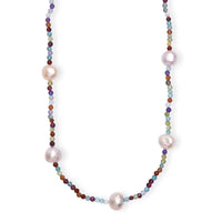 Multi Color Freshwater Pearl and Multi Gemstone 30 ctw Necklace 24 Inches in Rhodium Over Sterling Silver
