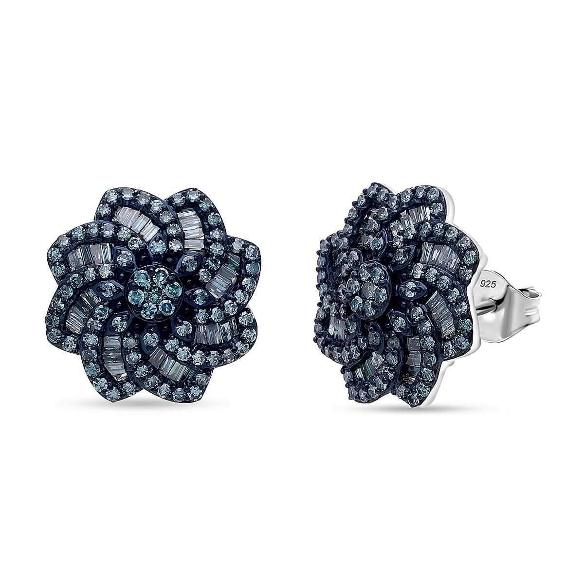 D'Joy Blue Diamond 1.50 ctw Floral Earrings in Rhodium Over Sterling Silver