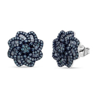 D'Joy Blue Diamond 1.50 ctw Floral Earrings in Rhodium Over Sterling Silver