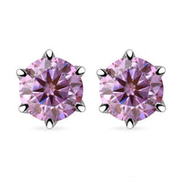 D'Joy Pink Moissanite (Rnd 6.5mm) Solitaire Stud Earrings in Rhodium Over Sterling Silver 1.90 ctw