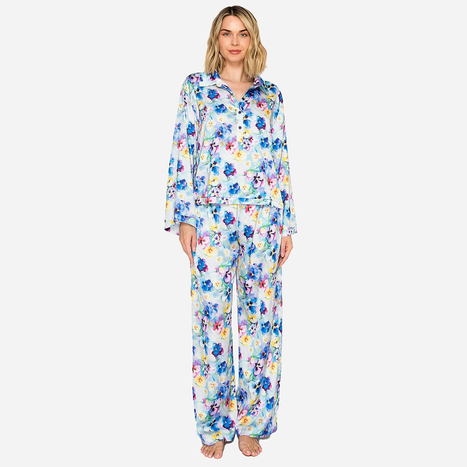 Badgley Mischka Blue Floral Satin Button up Pajama Set - L