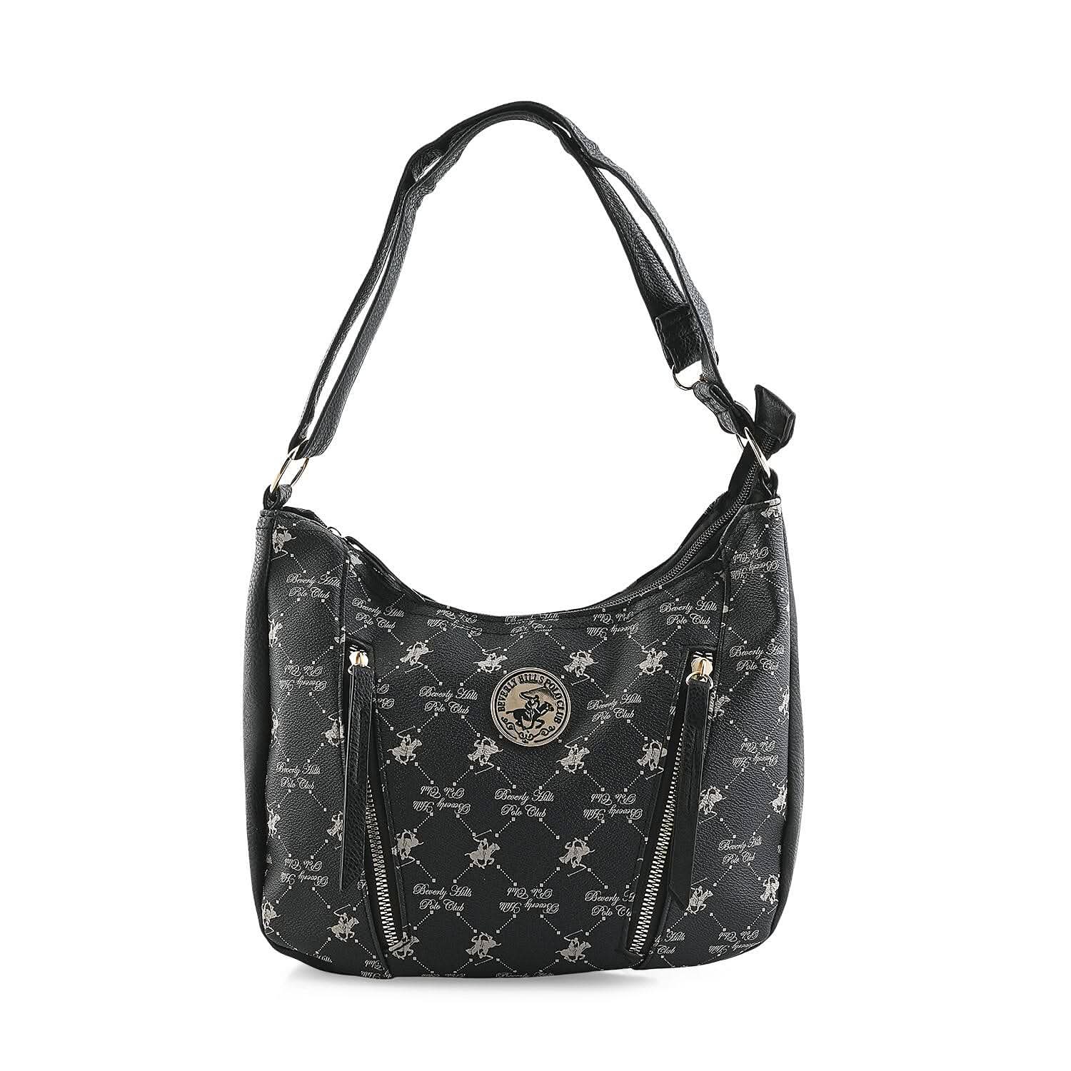 Beverly Hills Polo Club Black Logo Pattern Vegan Leather Shoulder Bag