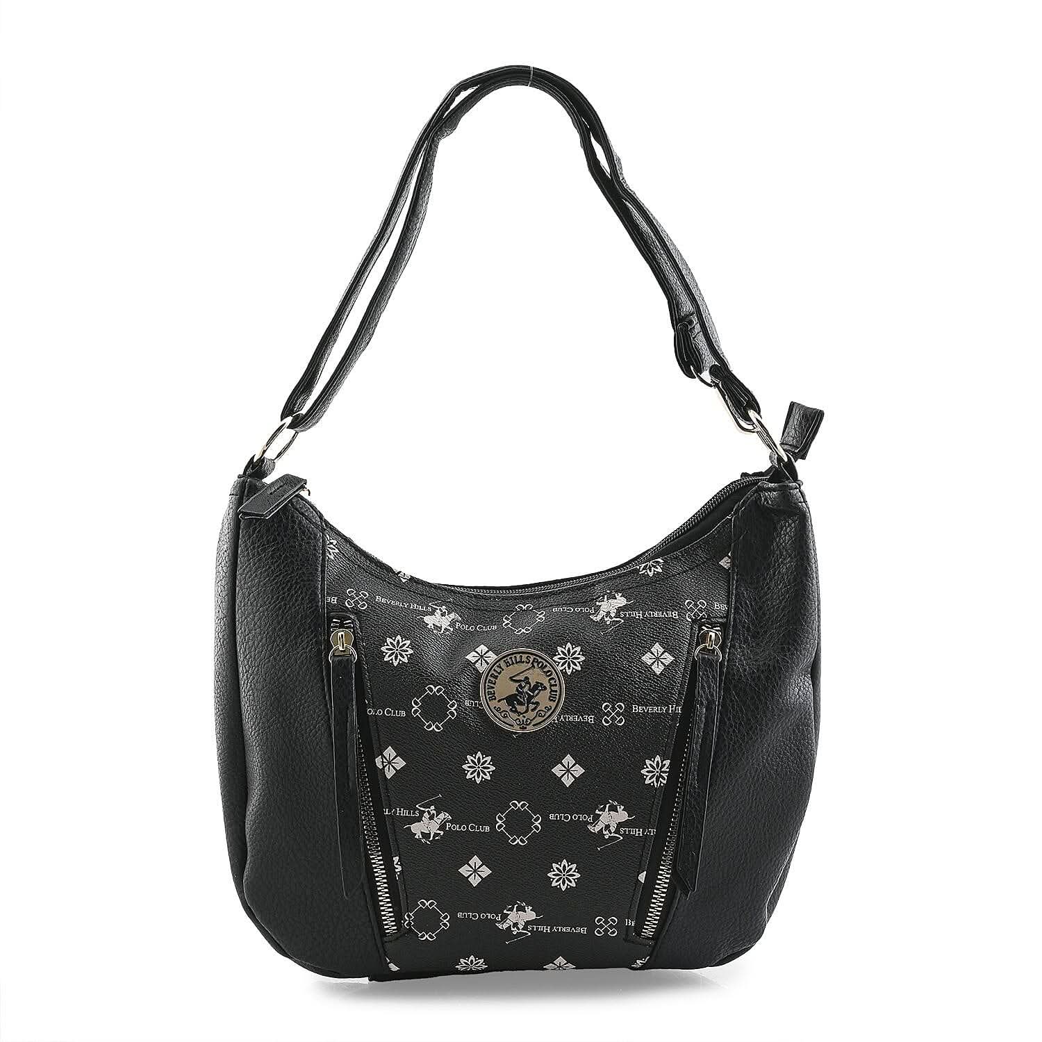 Beverly Hills Polo Club Black Logo Pattern & Solid Vegan Leather Shoulder Bag