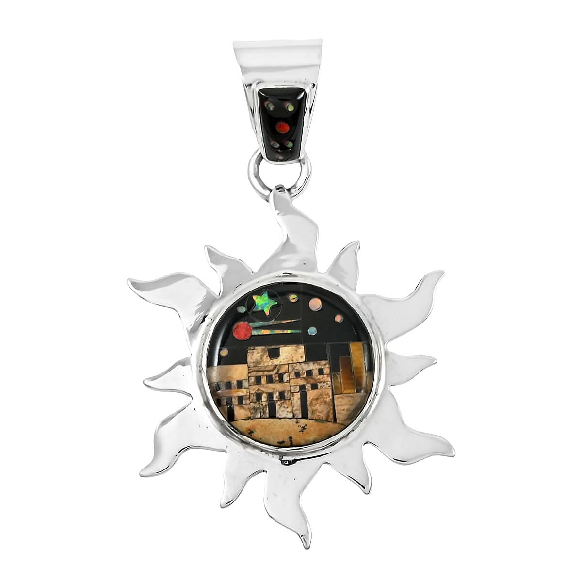 Santa Fe Style Black Onyx, Jasper Pueblo Pendant in Sterling Silver 17.00 ctw