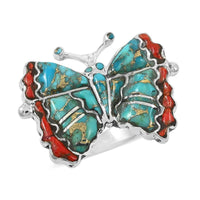 Santa Fe Style Mojave Turquoise 8.00 ctw and Enhanced Red Coral Ring in Sterling Silver (Size 10.0)