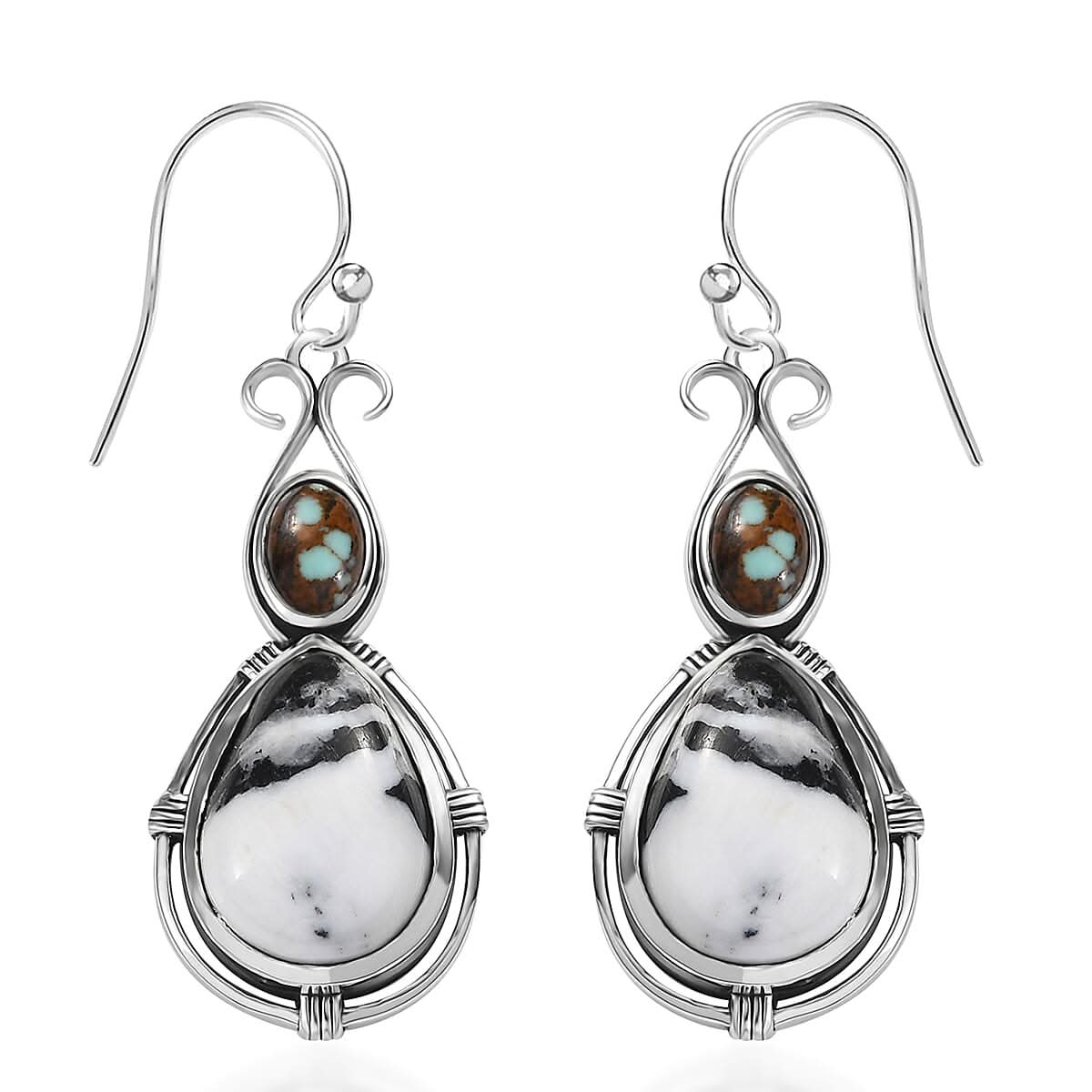 D'Joy Artisan Crafted White Buffalo and Blue Horizon Turquoise 3.90 ctw Earrings in Sterling Silver