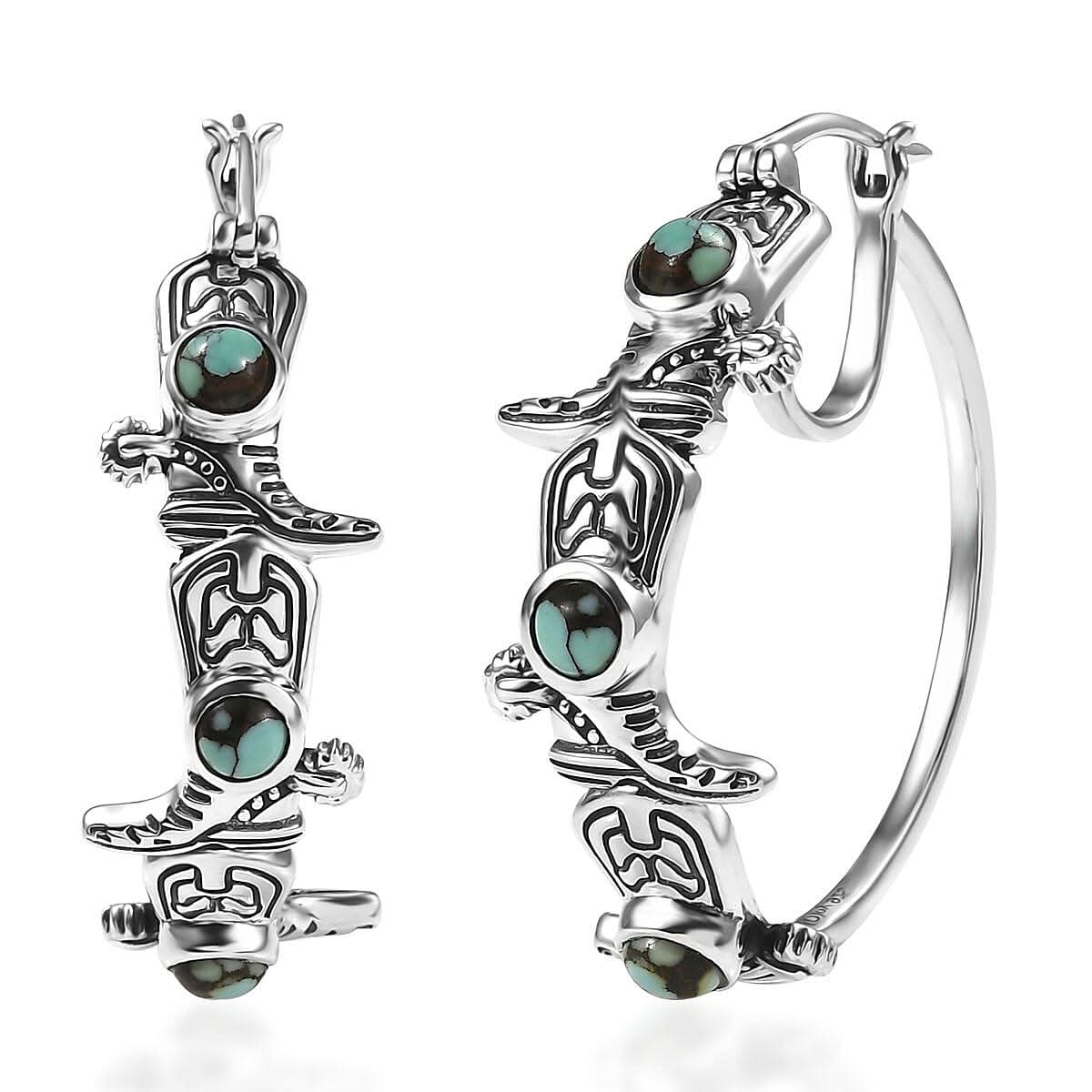 D'Joy Artisan Crafted Whispering Web Turquoise 2.00 ctw Cowgirl Shoes Hoop Earrings in Sterling Silver