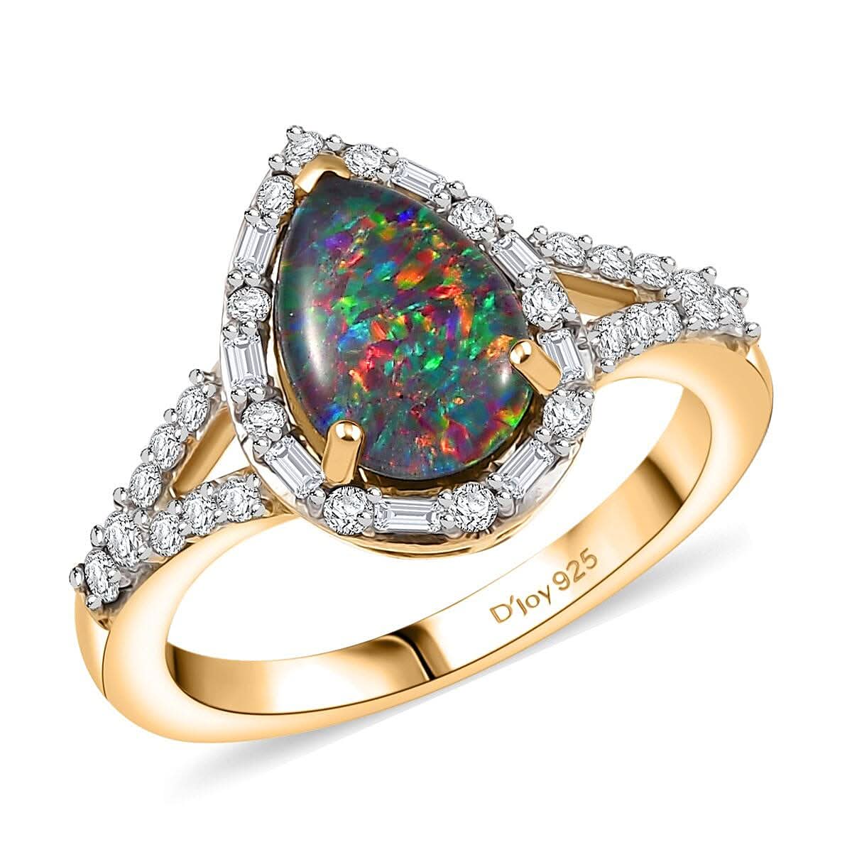 D'Joy Elysian Opal (Triplet) and Moissanite 1.90 ctw Ring in 18K Vermeil Yellow Gold Over Sterling Silver (Size 10.0)