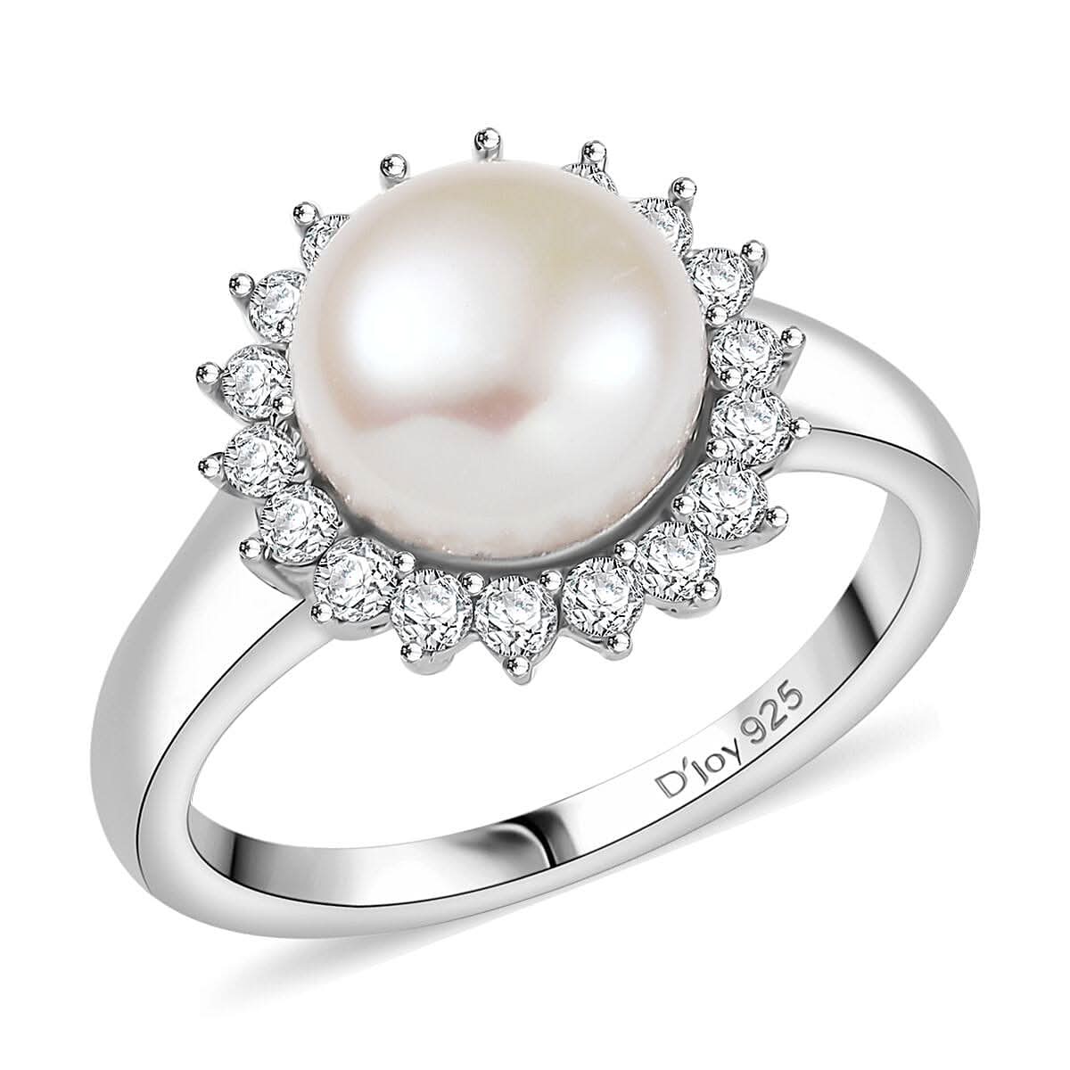 D'Joy Freshwater Pearl and White Zircon 0.65 ctw Sunburst Ring in Rhodium Over Sterling Silver