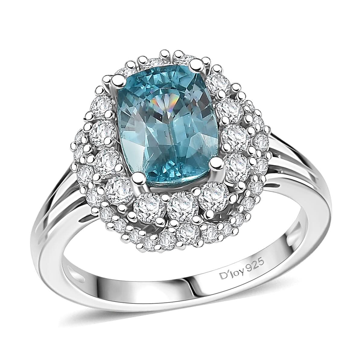 D'Joy Cambodian Blue Zircon and White Zircon 3.50 ctw Ring in Rhodium Over Sterling Silver